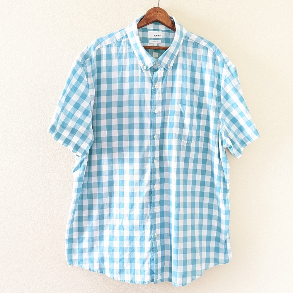 Sonoma Modern Fit Shirt XXL Blue Green White Check Short Sleeve Button Front - Picture 1 of 4